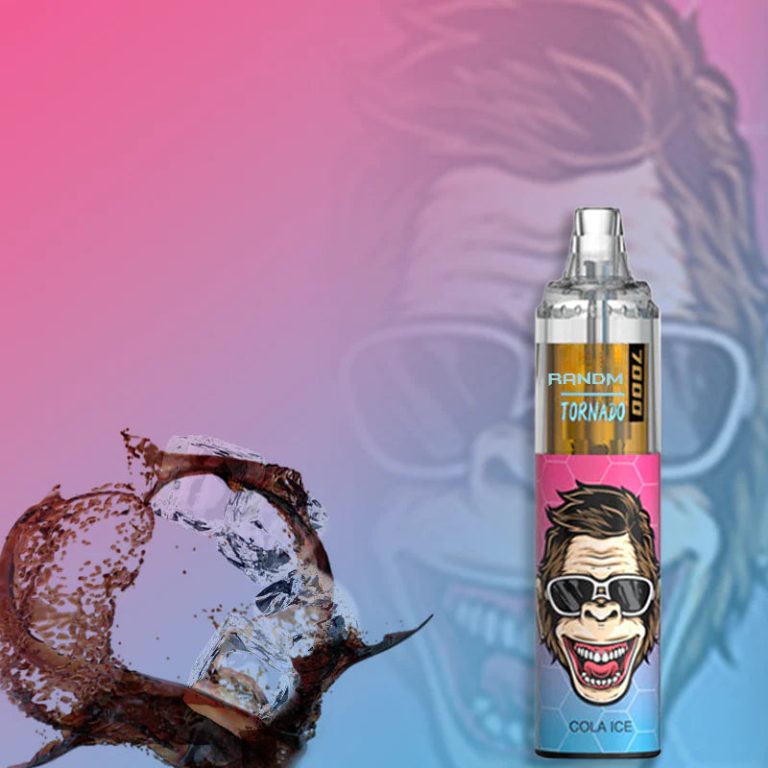 RandM Tornado 7000 Cola Ice vape with icy cola splash and cool gorilla illustration