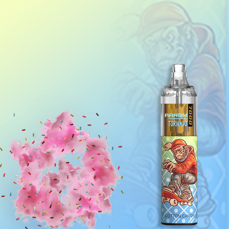 RandM Tornado 7000 Cotton Candy flavored vape with pink cotton candy and colorful sprinkles