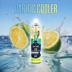 RandM Tornado 7000 Pacific Cooler vape with refreshing lemon flavor, featuring vibrant packaging and water splash background.