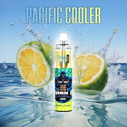 RandM Tornado 9000 Pacific Cooler vape featuring gorilla graphic, surrounded by splashing limes and ocean waves