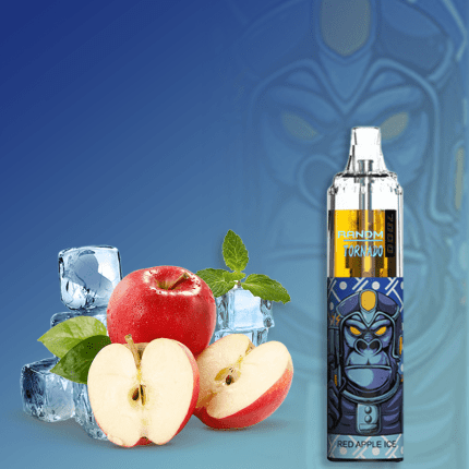 RandM Tornado 7000 disposable vape in Red Apple Ice flavor with Gorilla Squad design, displayed with red apples, mint leaves, and ice cubes