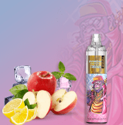 RandM Tornado 7000 disposable vape in Red Apple Lemon flavor with hip hop ape design, surrounded by red apples, lemons, mint, and ice cubes