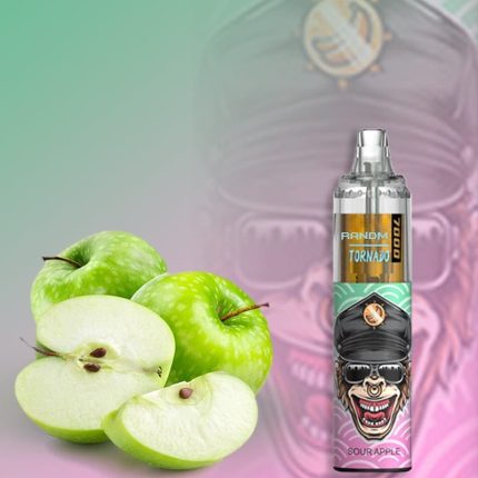 RandM Tornado 7000 disposable vape in Sour Apple flavor with fresh green apples on pastel background