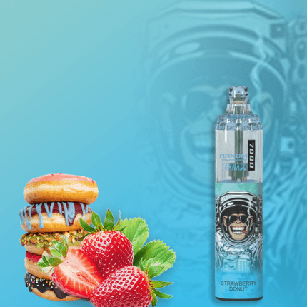 RandM Tornado 7000 vape in Strawberry Donut flavor with donuts and strawberries on blue background
