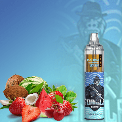 RandM Tornado 7000 disposable vape in Tiger Blood flavor with Gorilla Squad design, surrounded by watermelon, strawberry, cherry, and coconut