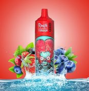 RandM Tornado 9000 red vape featuring an alien with a bright red brain, surrounded by blueberries, strawberries, cranberries, and splashing water