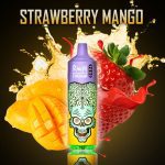 RandM Tornado 9000 vape with a vibrant alien design, displayed alongside splashing mango juice, strawberries, and mango slices.