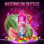 Pink RandM Tornado 9000 vape device with a vibrant alien skull design, surrounded by juicy watermelons, colorful Skittles candy, and purple splashes on a bold magenta background.