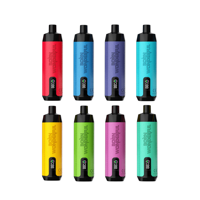 Eight colorful Born Wonderful 888K disposable vape pens arranged in two rows on white background