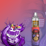 RandM Tornado 7000 disposable vape in Vimto flavor with purple splash and mixed berries, grapes, and branding.