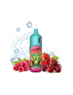 RandM Tornado 9000 disposable vape with icy cherry, raspberry, and strawberry flavor blend, featuring a colorful alien skull design and surrounded by fruits and ice cubes.