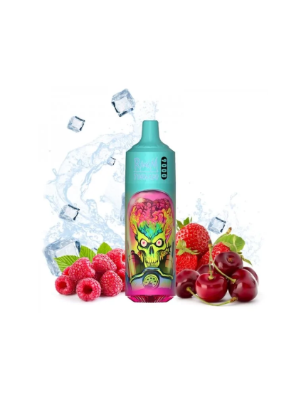 RandM Tornado 9000 turquoise disposable vape with alien graphic, surrounded by cherries, raspberries, strawberries, and ice cubes