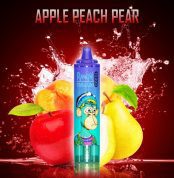 RandM Tornado 15000 vape with Apple Peach Pear flavor featuring colorful monkey design, surrounded by fresh apples, peaches, and pears with a splash background