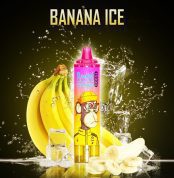 RandM Tornado 15000 disposable vape in Banana Ice flavor with cartoon monkey design, surrounded by bananas, banana slices, and ice cubes on a splash background