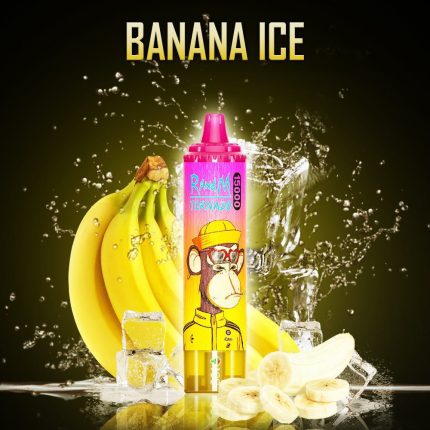 RandM Tornado 15000 disposable vape in Banana Ice flavor with cartoon monkey design, surrounded by bananas, banana slices, and ice cubes on a splash background