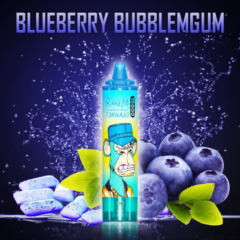 RandM Tornado Blueberry Bubblegum disposable vape with blueberries, bubblegum pieces, and splash background