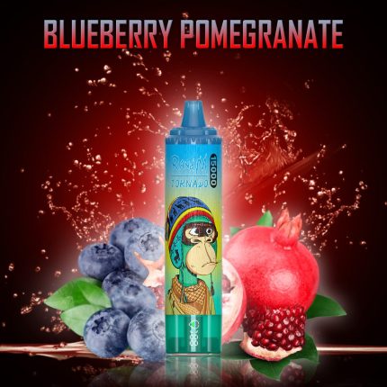 RandM Tornado 15000 Blueberry Pomegranate vape with juicy blueberries and ripe pomegranate splash background
