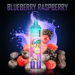 RandM Tornado 15000 Blueberry Raspberry disposable vape with fresh blueberries, raspberries, and a purple splash background
