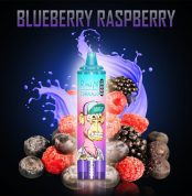 RandM Tornado 15000 Blueberry Raspberry disposable vape with fresh blueberries, raspberries, and a purple splash background