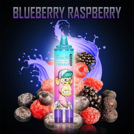 RandM Tornado 15000 Blueberry Raspberry disposable vape with fresh blueberries, raspberries, and a purple splash background