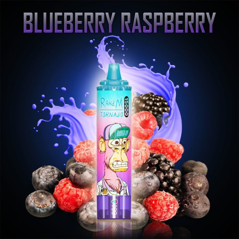 RandM Tornado Blueberry Raspberry disposable vape with blueberries, raspberries, and splash background