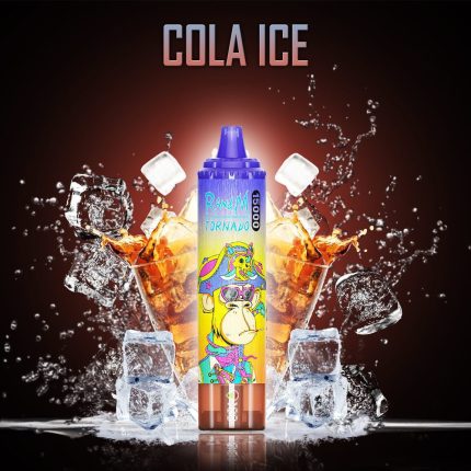RandM Tornado 15000 Cola Ice disposable vape surrounded by icy cola splash and ice cubes