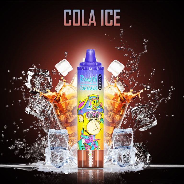 RandM Tornado 15000 Cola Ice disposable vape surrounded by icy cola splash and ice cubes