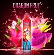 RandM Tornado 15000 Dragon Fruit disposable vape with vibrant pink dragon fruit splash background