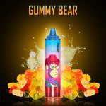 RandM Tornado 15000 Gummy Bear disposable vape surrounded by colorful gummy bears and a sweet splash background