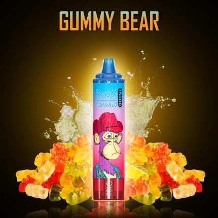 RandM Tornado 15000 Gummy Bear disposable vape surrounded by colorful gummy bears and a sweet splash background