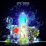 RandM Tornado Ice Pop disposable vape with mixed berries, ice cubes, and cool splash background
