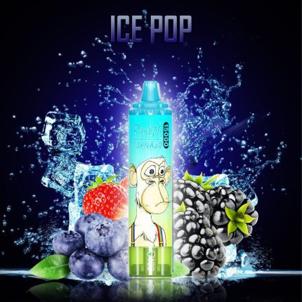 RandM Tornado Ice Pop disposable vape with mixed berries, ice cubes, and cool splash background