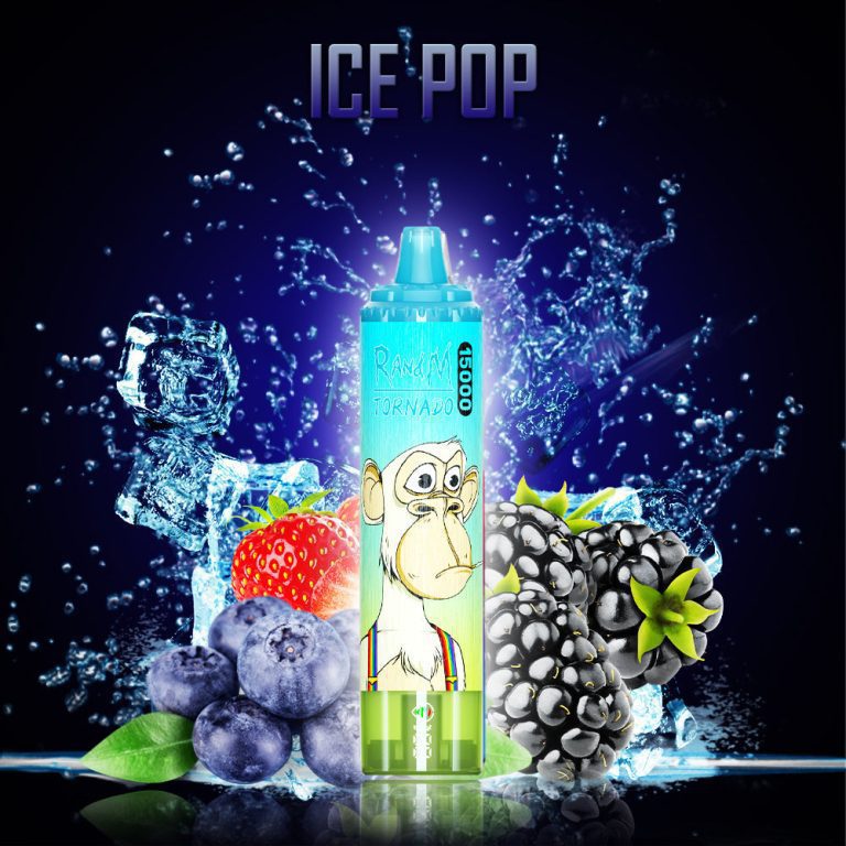 RandM Tornado Ice Pop disposable vape with mixed berries, ice cubes, and cool splash background