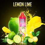 RandM Tornado 15000 Lemon Lime disposable vape with vibrant lemons, limes, and a citrus splash background