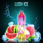RandM Tornado Lush Ice disposable vape with watermelon, lychee, ice cubes, and splash background