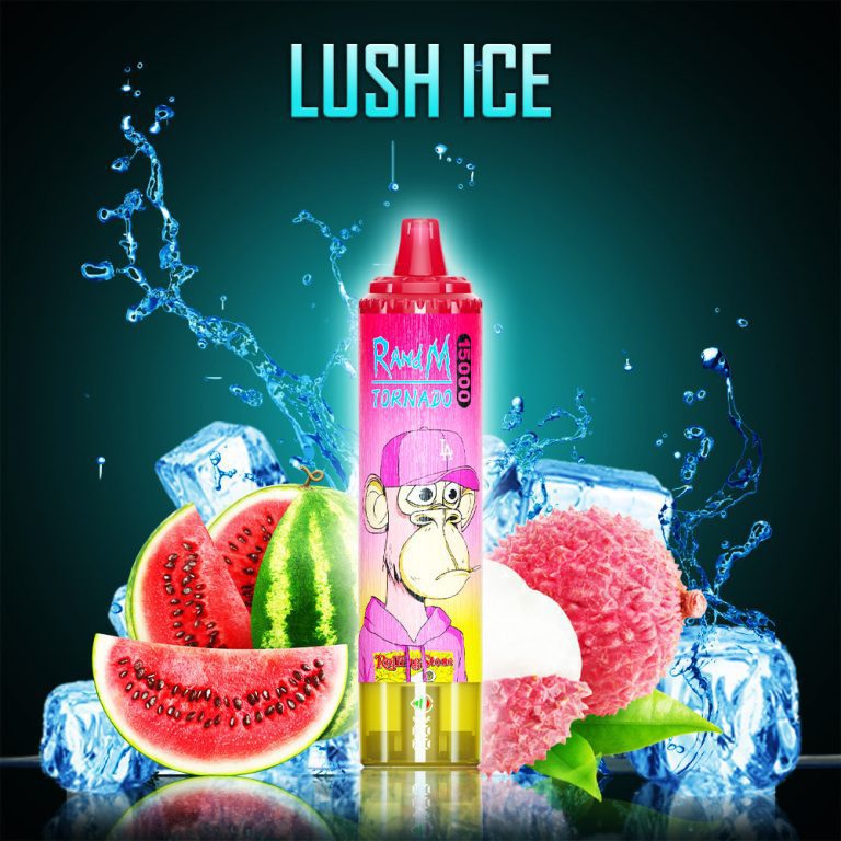 RandM Tornado Lush Ice disposable vape with watermelon, lychee, ice cubes, and splash background