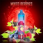 RandM Tornado Mixed Berries disposable vape with assorted berries and red splash background