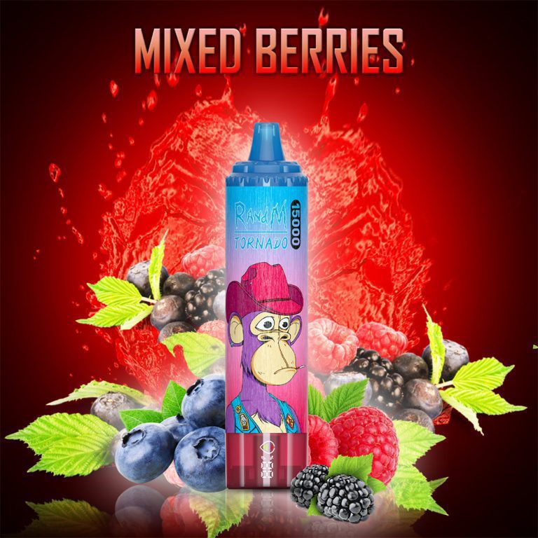 RandM Tornado Mixed Berries disposable vape with assorted berries and red splash background