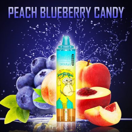 RandM Tornado Peach Blueberry Candy disposable vape with fresh peaches, blueberries, and candy splash in background