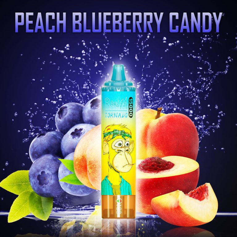 RandM Tornado Peach Blueberry Candy disposable vape with fresh peaches, blueberries, and candy splash in background