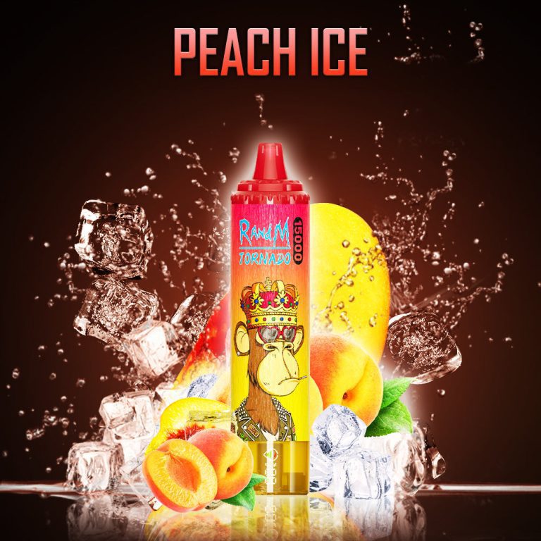RandM Tornado Peach Ice disposable vape with fresh peaches, ice cubes, and splash background