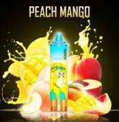 RandM Tornado Peach Mango disposable vape with peaches, mangoes, and tropical juice splash in background