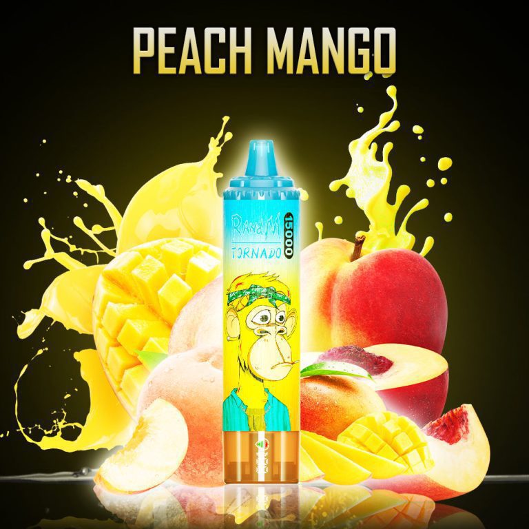 RandM Tornado Peach Mango disposable vape with peaches, mangoes, and tropical juice splash in background
