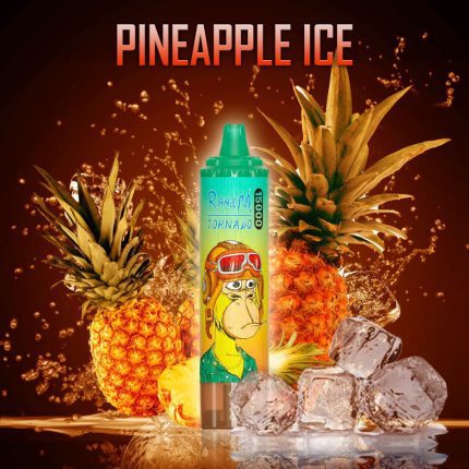RandM Tornado 15000 Pineapple Ice disposable vape with juicy pineapples, ice cubes, and tropical splash background