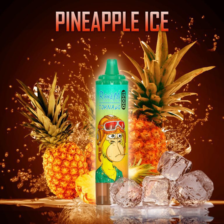 RandM Tornado 15000 Pineapple Ice disposable vape with juicy pineapples, ice cubes, and tropical splash background