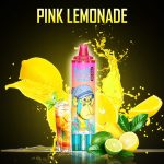 Colorful RandM Tornado Pink Lemonade disposable vape device with lemon and lime splash background