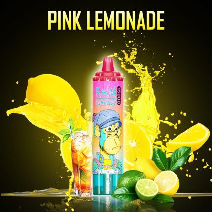 Colorful RandM Tornado Pink Lemonade disposable vape device with lemon and lime splash background
