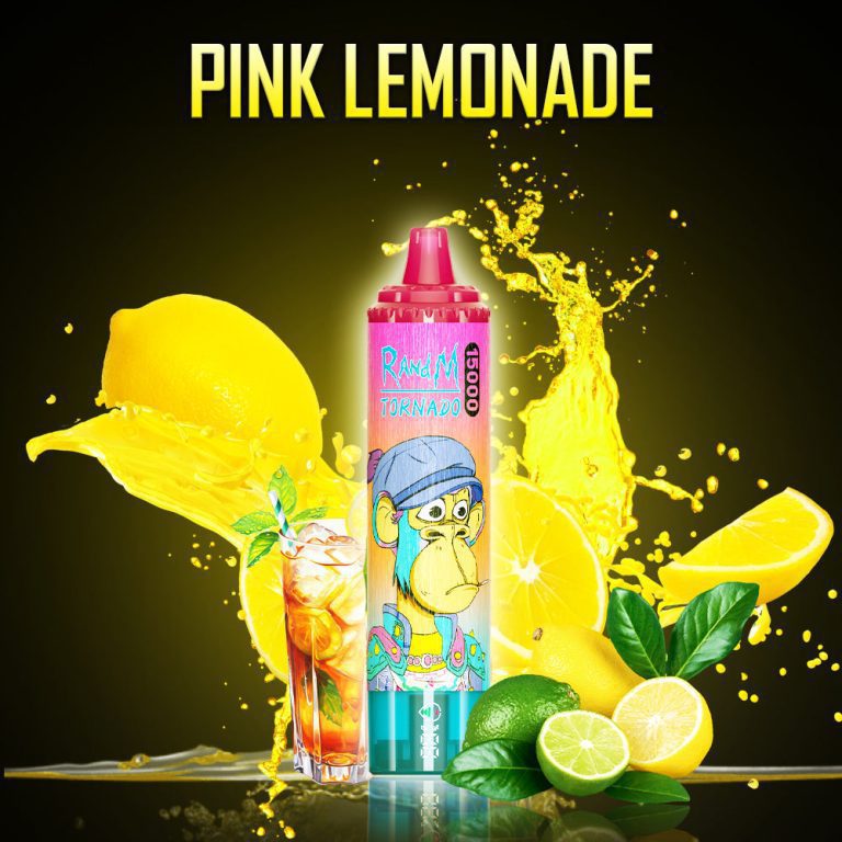 Colorful RandM Tornado Pink Lemonade disposable vape device with lemon and lime splash background