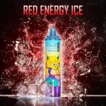 RandM Tornado Red Energy Ice disposable vape with red splash and ice cubes in an energetic background