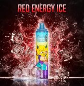 RandM Tornado Red Energy Ice disposable vape with red splash and ice cubes in an energetic background
